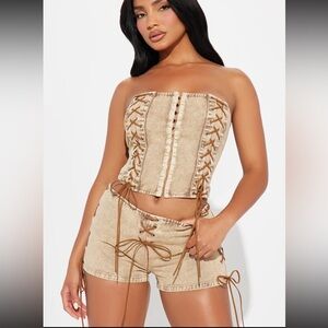Nova Lace Up Rodeo Short Set - Tan